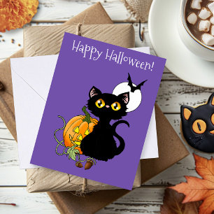 スプーキー パープル かわいい 黒猫 ハロウィン パンプキン カード