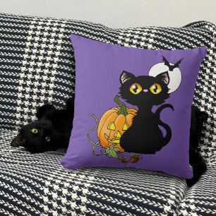 スプーキー パープル かわいい 黒猫 ハロウィン パンプキン クッション