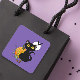 スプーキー パープル かわいい 黒猫 ハロウィン パンプキン スクエアシール