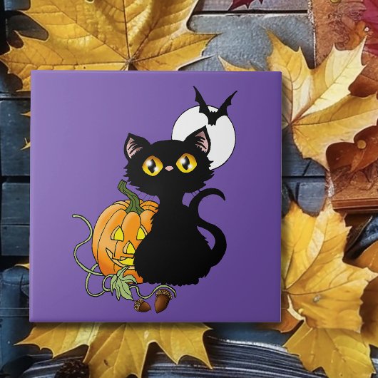 スプーキー パープル かわいい 黒猫 ハロウィン パンプキン タイル