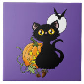 スプーキー パープル かわいい 黒猫 ハロウィン パンプキン タイル (正面)