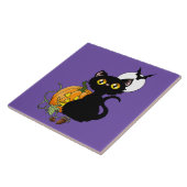スプーキー パープル かわいい 黒猫 ハロウィン パンプキン タイル (側面)