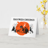 スプーキー ビンテージ アールデコ 黒猫 ハロウィンパレード カード (黄色い花)