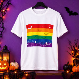 スプーキーLGBTQレインボーフラッグハロウィングラウンド Tシャツ