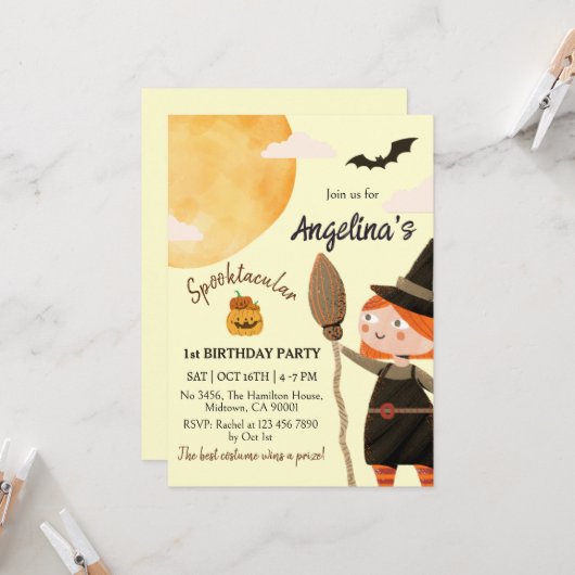 スプークタキュラー・ウィッチ・ハロウィン1歳の誕生日パーティー 招待状 (正面/裏面インサイチュ)
