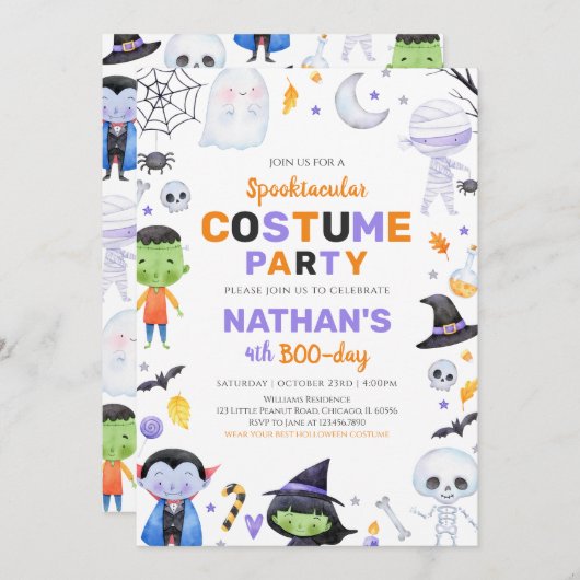 スプーク風コスチュームパーティーハロウィーン誕生日 招待状 (正面/裏面)