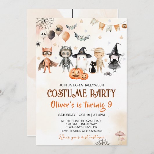スプーク風コスチュームパーティーハロウィーン誕生日 招待状 (正面/裏面)