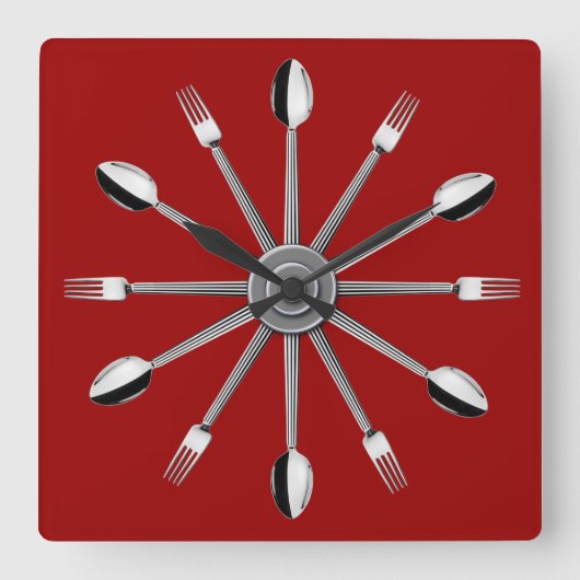 スプーンとフォークのキッチンウォールクロック スクエア壁時計 (正面)