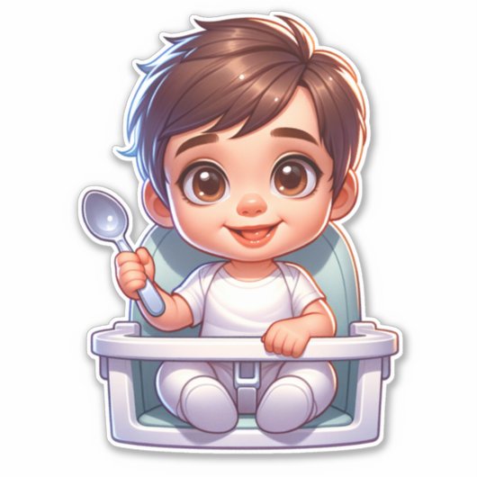 スプーンを持ったかわいい茶色の目の男の赤ちゃん シール (正面)