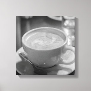 スプーン付きコーヒー/ラテ - モノクロ写真 キャンバスプリント