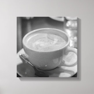 スプーン付きコーヒー/ラテ - モノクロ写真 キャンバスプリント