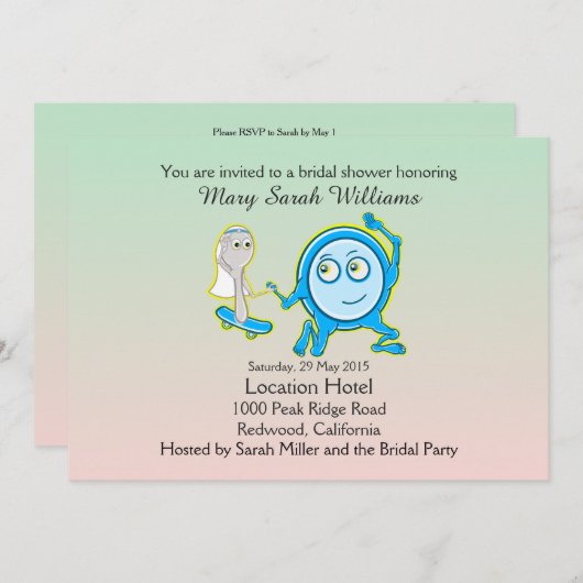 スプーン走遠くにブライダルシャワー付き皿 招待状 (正面/裏面)