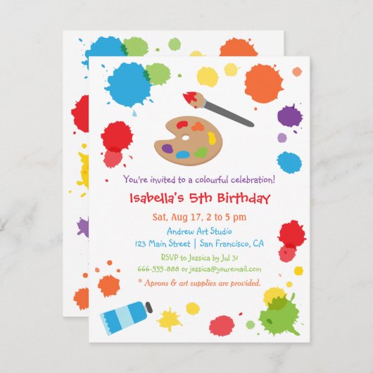 スプ絵を描ラッカラフルツの子供の誕生日パーティー 招待状 (正面/裏面)