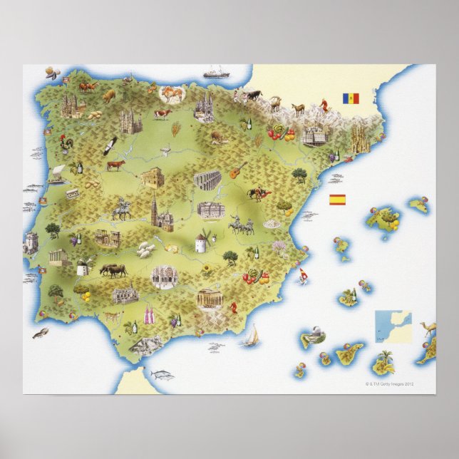 スペインとポルトガルの地図 ポスター (正面)