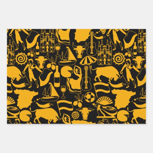 スペインと伝統スペインのブラックとオレンジ ラッピングペーパーシート (正面)