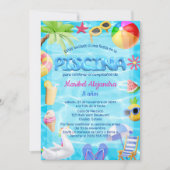 スペインのおもしろいプールパーティー誕生日for Girls 招待状 (正面)