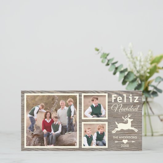 スペインので素朴な木製のトナカイのベージュNavidadの写真 シーズンカード (スタンド正面)