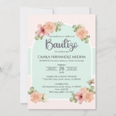スペインのインビタシオンバウティゾピンクの花のバプテスマ 招待状 (正面)
