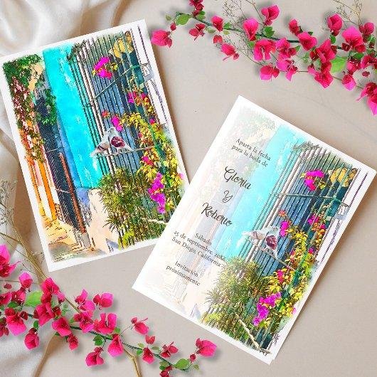 スペインのカラフルフローラ愛の鳥メキ結婚シコ 招待状