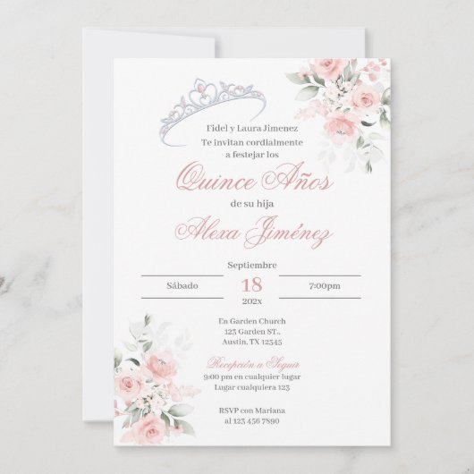 スペインのキンセアニェラピンクフローラ 招待状 (正面)