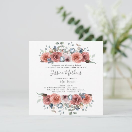 スペインのキンセアニェラ、ほこりっぽい青とピンクのフローラ 招待状 (スタンド正面)