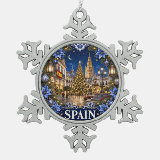 スペインのクリスマス オブジェ|青いホリデー タウンの風景 スノーフレークピューターオーナメント