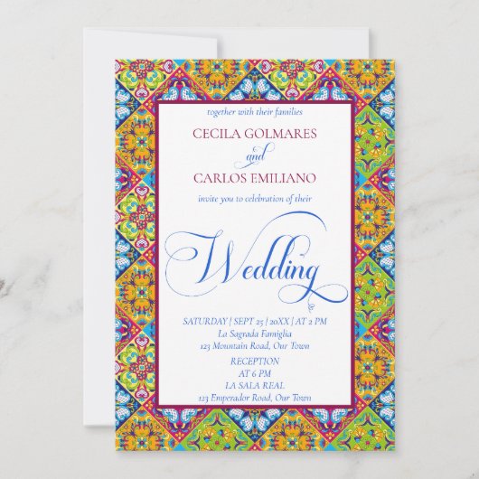 スペインのスタイルの装飾タイル結婚カトリック 招待状 (正面)