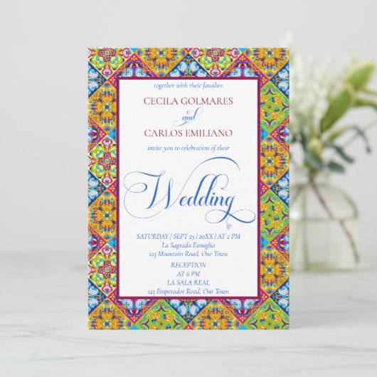 スペインのスタイルの装飾タイル結婚カトリック 招待状 (スタンド正面)