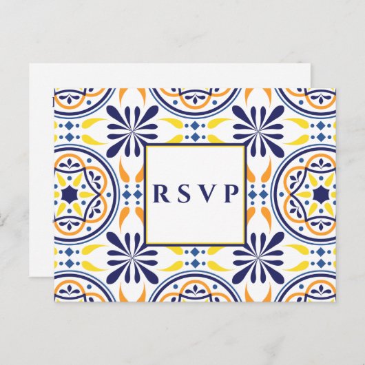 スペインのタイル 黄色 ネイビー 結婚式 RSVP 料理選択 インビテーションポストカード (正面/裏面)