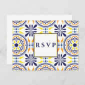 スペインのタイル 黄色 ネイビー 結婚式 RSVP 食事の選択 インビテーションポストカード (正面/裏面)