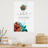 スペインのターコイズとコーラルフローラ結婚ズ歓迎 ポスター (キッチン)