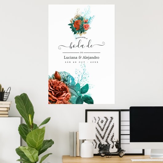 スペインのターコイズとコーラルフローラ結婚ズ歓迎 ポスター (ホームオフィス)