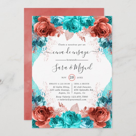 スペインのターコイズ&コーラルフローラリハーサルディナー 招待状 (正面/裏面)