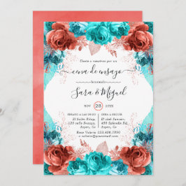 スペインのターコイズ&コーラルフローラリハーサルディナー 招待状