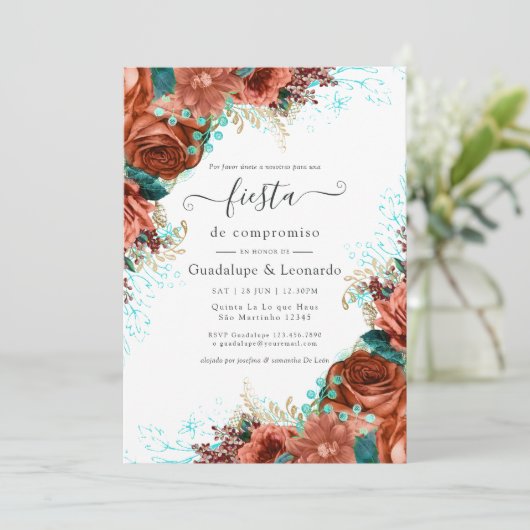 スペインのターコイズ&コーラルフローラ婚約パーティ 招待状 (スタンド正面)