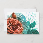 スペインのターコイズ-ティール（緑がかった色）とコーラルフローラ結婚ズ 出欠カード (裏面)