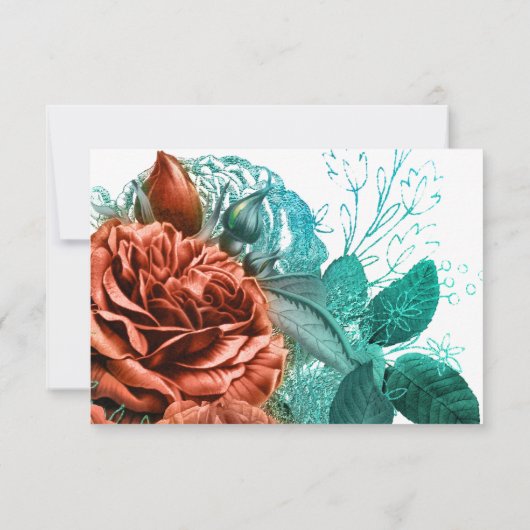 スペインのターコイズ-ティール（緑がかった色）とコーラルフローラ結婚ズ 出欠カード (裏面)