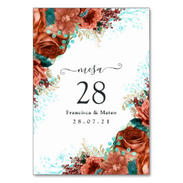 スペインのターコイズ-ティール（緑がかった色）とサンゴフローラ テーブルナンバー