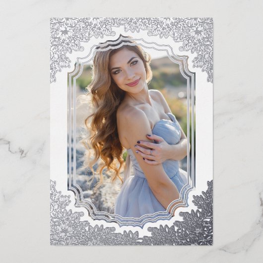 スペインのファンシーフローラフレームMis XVアニョス写真 箔招待状 (正面)