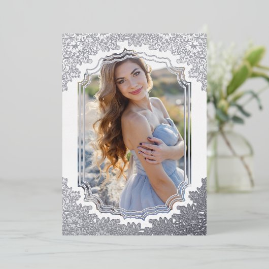 スペインのファンシーフローラフレームMis XVアニョス写真 箔招待状 (立ち正面)