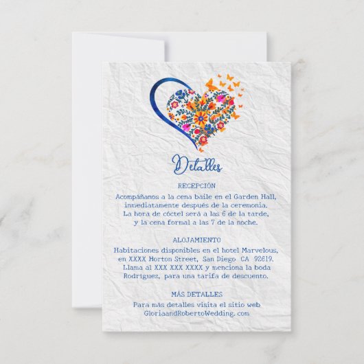 スペインのフローラハートと蝶メキシ結婚カン 招待状 (正面)