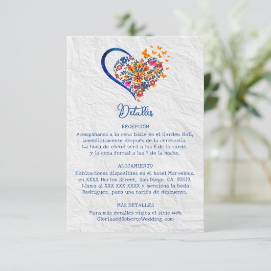 スペインのフローラハートと蝶メキシ結婚カン 招待状 (スタンド正面)