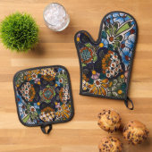 スペインのフローラプリント 鍋つかみ&鍋敷きセット (トップダウン)
