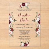 スペインのブルゴーニュピンクの花Nuestra Boda アクリル招待状 (正面)