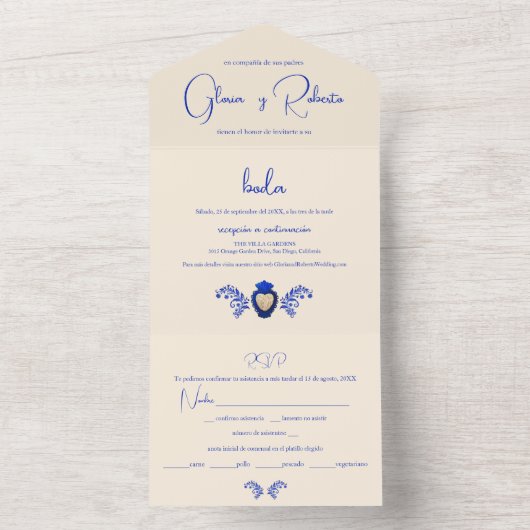 スペインのブルーシャンパンハートメキシ結婚カン オールインワン招待状 (内側)