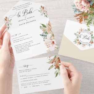 スペインのベージュアーストーンフローラ結婚の涙RSVP オールインワン招待状