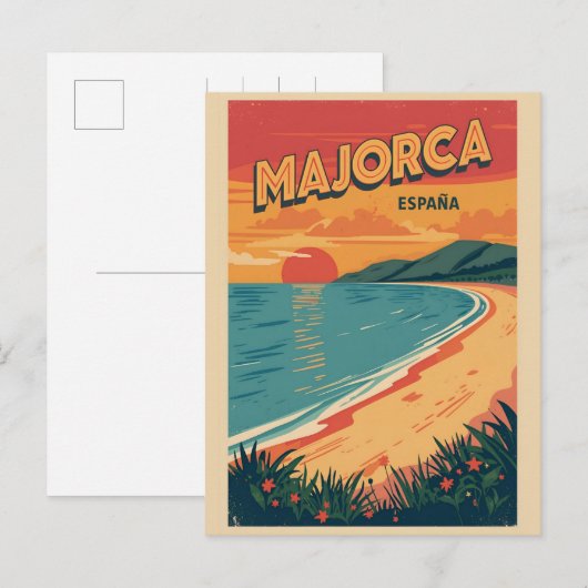 スペインのマヨルカ島のビンテージ ビーチの旅行記念品 シーズンポストカード (正面/裏面)