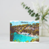 スペインのマヨルカ島の水彩画のパノラマ風景 ポストカード (スタンド正面)