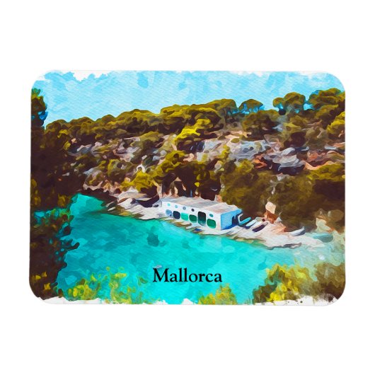 スペインのマヨルカ島の水彩画のパノラマ風景 マグネット (横)