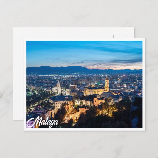 スペインのマラガにあるマラガ大聖堂の夜景 ポストカード (正面/裏面)